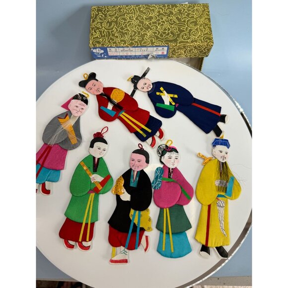 Set Of 8 Chinese Silk & Cardboard Immortal Ornaments Multicolor 5.5" With Box - Picture 7 of 8